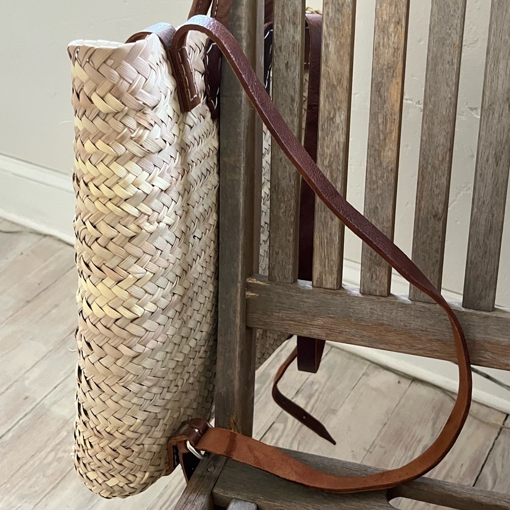 Woven Straw Backpack Tote with Brown Leather Straps - Picture 7 of 11